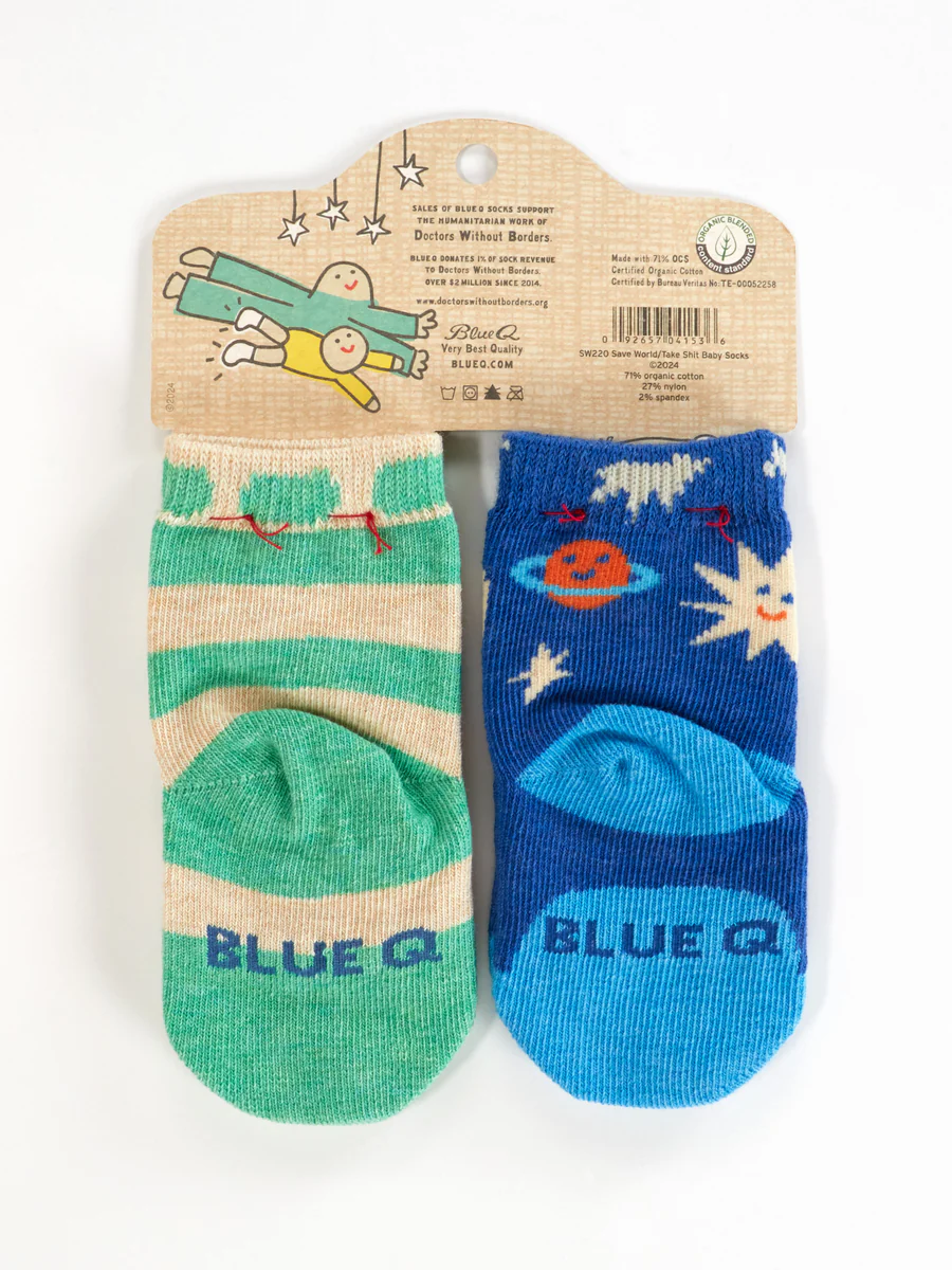 Blue Q - Might Save The World/ Where's A Good Place To Take A Shit Around Here? - Baby Socks - Image 2