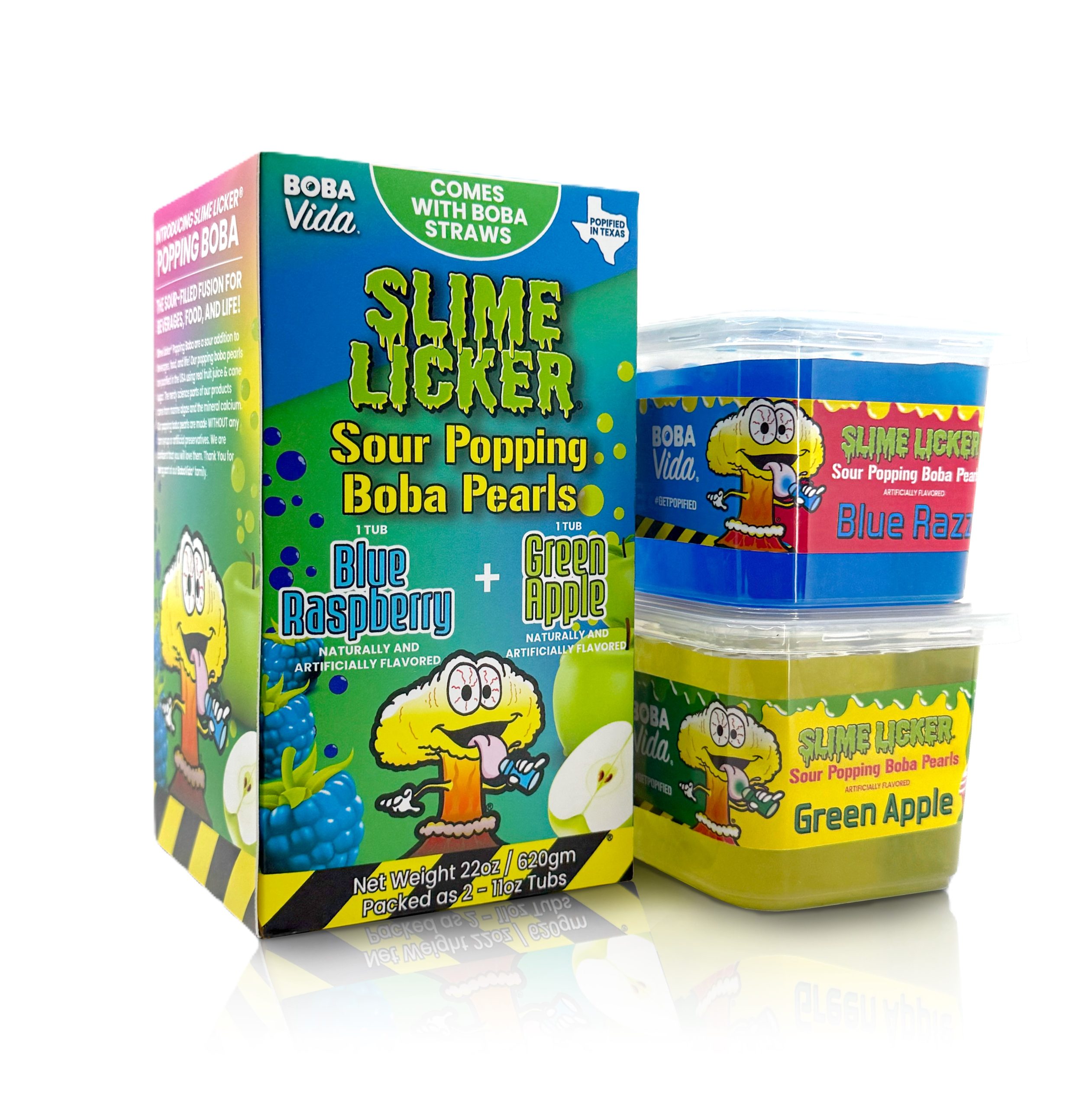 Slime Licker Sour Boba Pearls 2/11oz Tubs Blue Raspberry & Green Apple